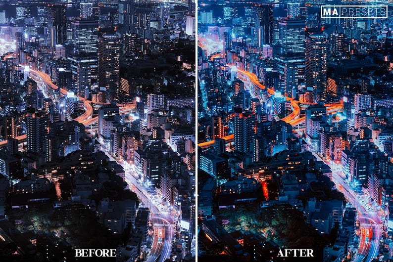 May include: A before and after image showing the effect of a photo editing preset on a night time cityscape. The before image is dark and the after image has more vibrant colors and highlights.
