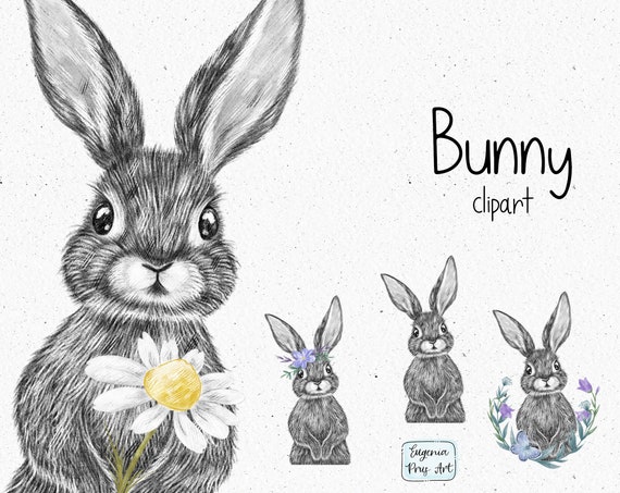 Süße Hase Clipart Kaninchen Clipart schwarz und weiß Tier | Etsy