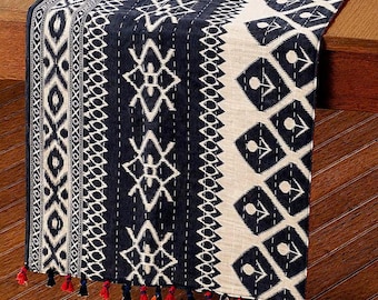 Black Kantha Table Runner: Assorted Prints