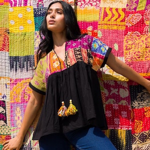 Cotton Kantha Patchwork Tunic Babydoll Top with Tassels: Assorted Colors