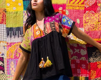 Bawełniana tunika Kantha Patchwork z frędzlami i bluzką Babydoll: różne kolory