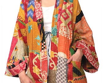Colorful Patchwork Quilted Kantha Kimono Jacket - Reversible - Assorted Colors