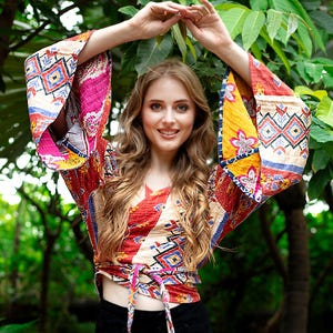 Reversible Patchwork Kantha Butterfly Wrap Crop Top: Assorted Colors