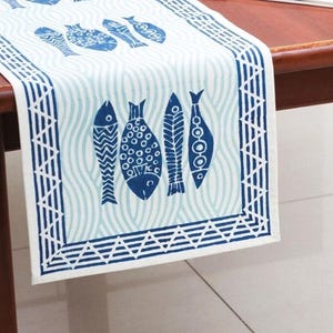 Navy Blue and White Fish Block Print Table Runner