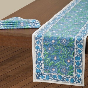 Sage Green & Blue Floral Block Print Table Runner