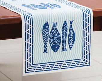Navy Blue and White Fish Block Print Table Runner