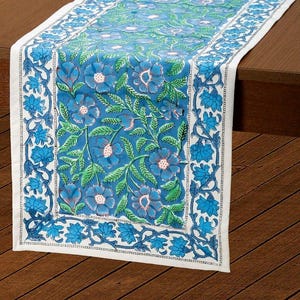 Sage Green & Blue Floral Block Print Table Runner