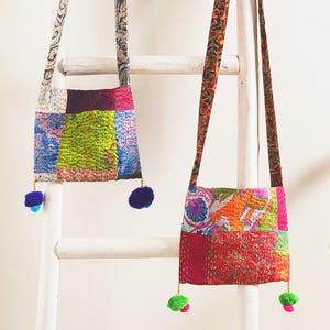 Patchwork Kantha Silk Shoulder Bag: Assorted Colors