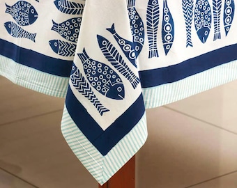 Navy Blue and White Fish Block Print Rectangle Cloth Tablecloth