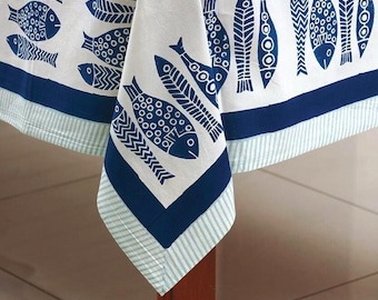 Navy Blue and White Fish Block Print Rectangle Tablecloth