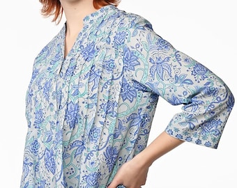 Sky Blue Tamira Block Print Tunic Tops