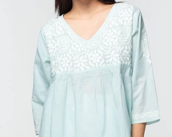 Pastel Green & White Ramani Embroidered Top