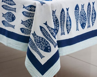 Fish Block Print Tablecloth