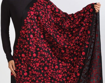 Rani Black & Ruby Floral Embroidered Shawl