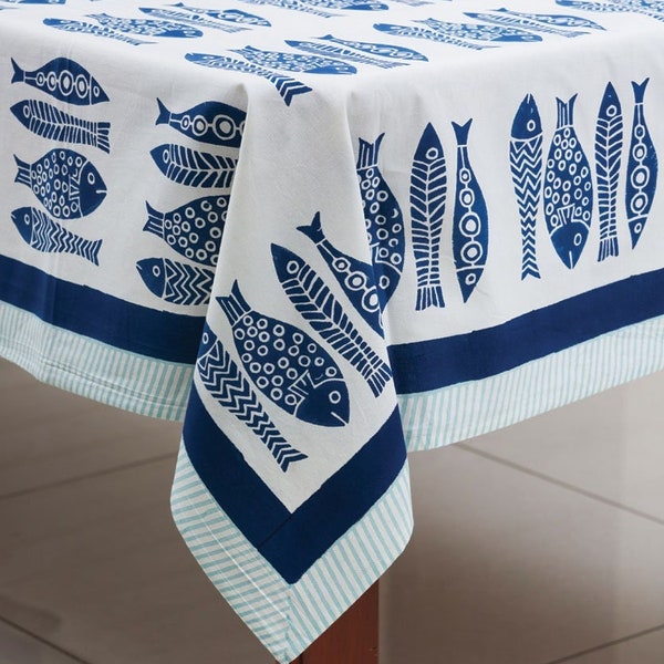 Fish Block Print Tablecloth