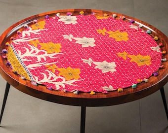 Kantha Up-Cycled Sari Round Multicolor Table Cover: Assorted Colors 25"