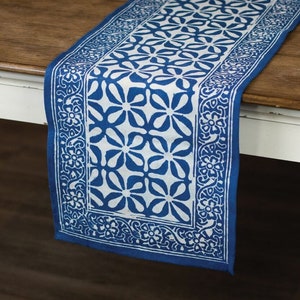 Indigo Floral Mosaic Block Print Table Runner