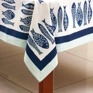 Navy Blue and White Fish Block Print Rectangle Cloth Tablecloth