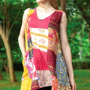 Vestido reversible sin mangas con patchwork Kantha: colores surtidos