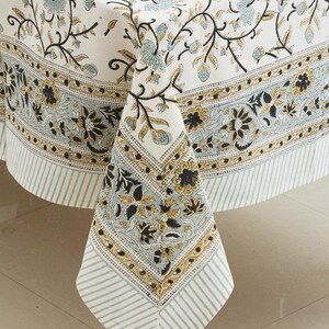Silver & White Floral Block Print Cotton Tablecloth
