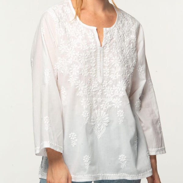 White Embroidered Cotton Tara Tunic Blouse
