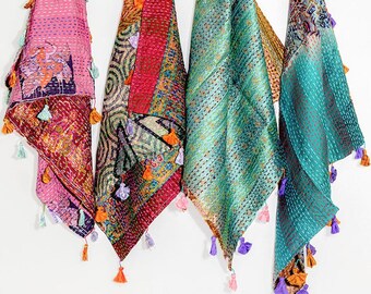 Kantha Square Silk Sari Scarf: Assorted Colors