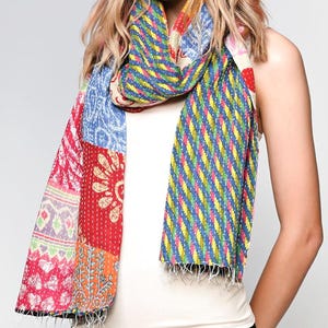 Unique Patchwork Kantha Quilt Scarf with Fringe - Assorted Colors