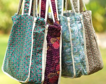 Reversible Kantha Market Tote Bags: Assorted Colors