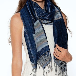 Kalya Navy Cotton & Wool Wrap Shawl Scarf with Tassels