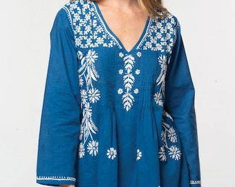 Navy & White Divya Blue Hand Embroidered Tunic