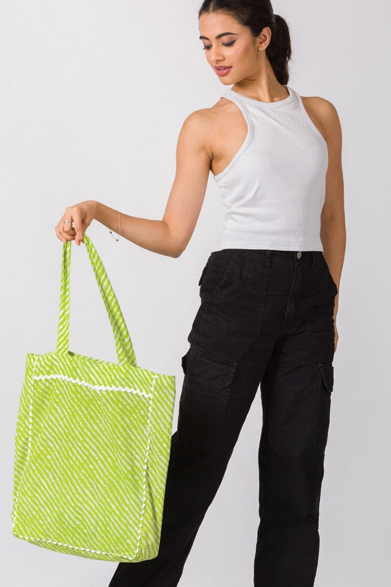 Green Striped Tote Market Bags: Scallop Details UK