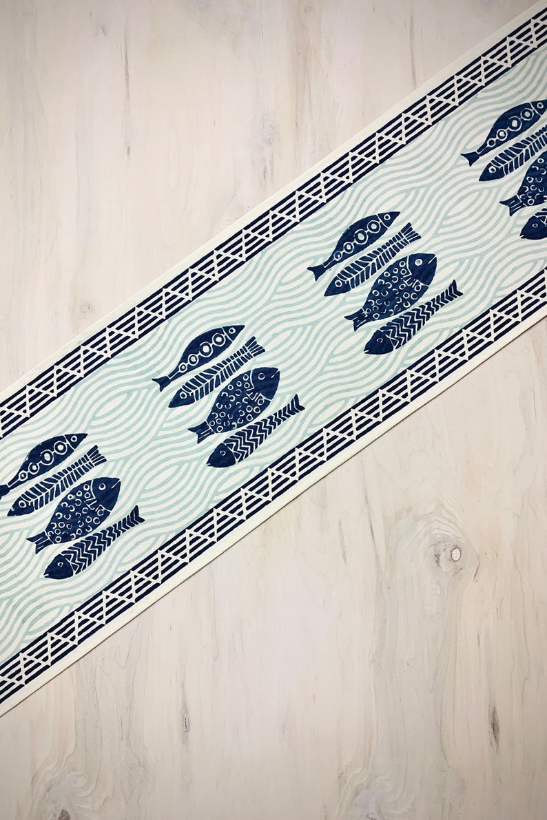 Navy Blue and White Fish Block Print Table Runner - Thumbnail 4