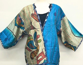 White & Blue Silk Kantha Kimono Jacket: Reversible, Fun Print