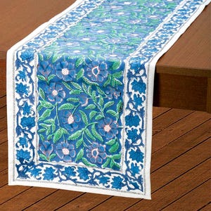 May include: A rectangular table runner featuring a central panel with a blue floral pattern and green leaves, bordered by a white strip and an outer frame of blue flowers and vines. The fabric displays a repeating botanical print design.