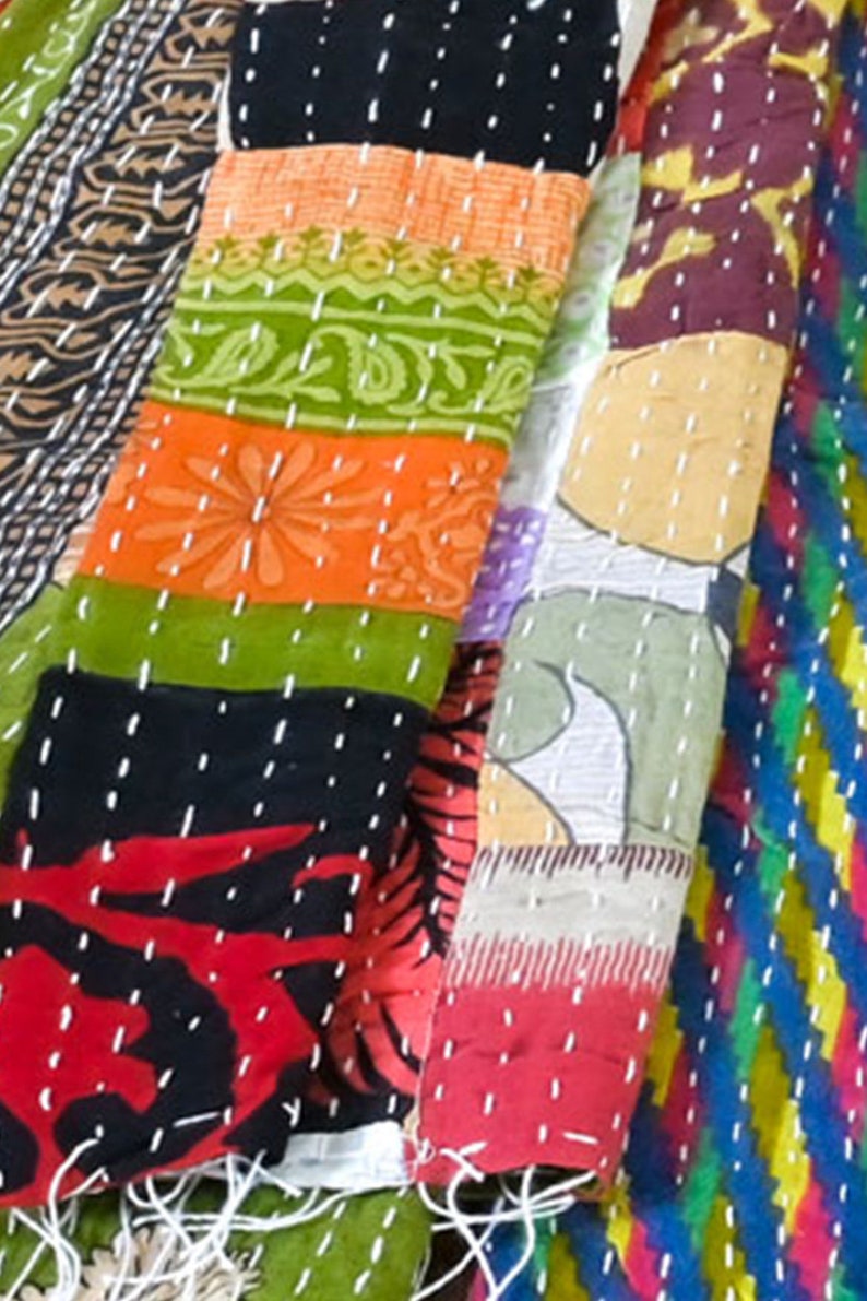 long patchwork scarf, colorful fun accessory, hippie boho style, features bright geometric patterns, casual every day scarf, made in india, made by artisans, soft cotton material, end strings, warm winter wrap, kantha fabric