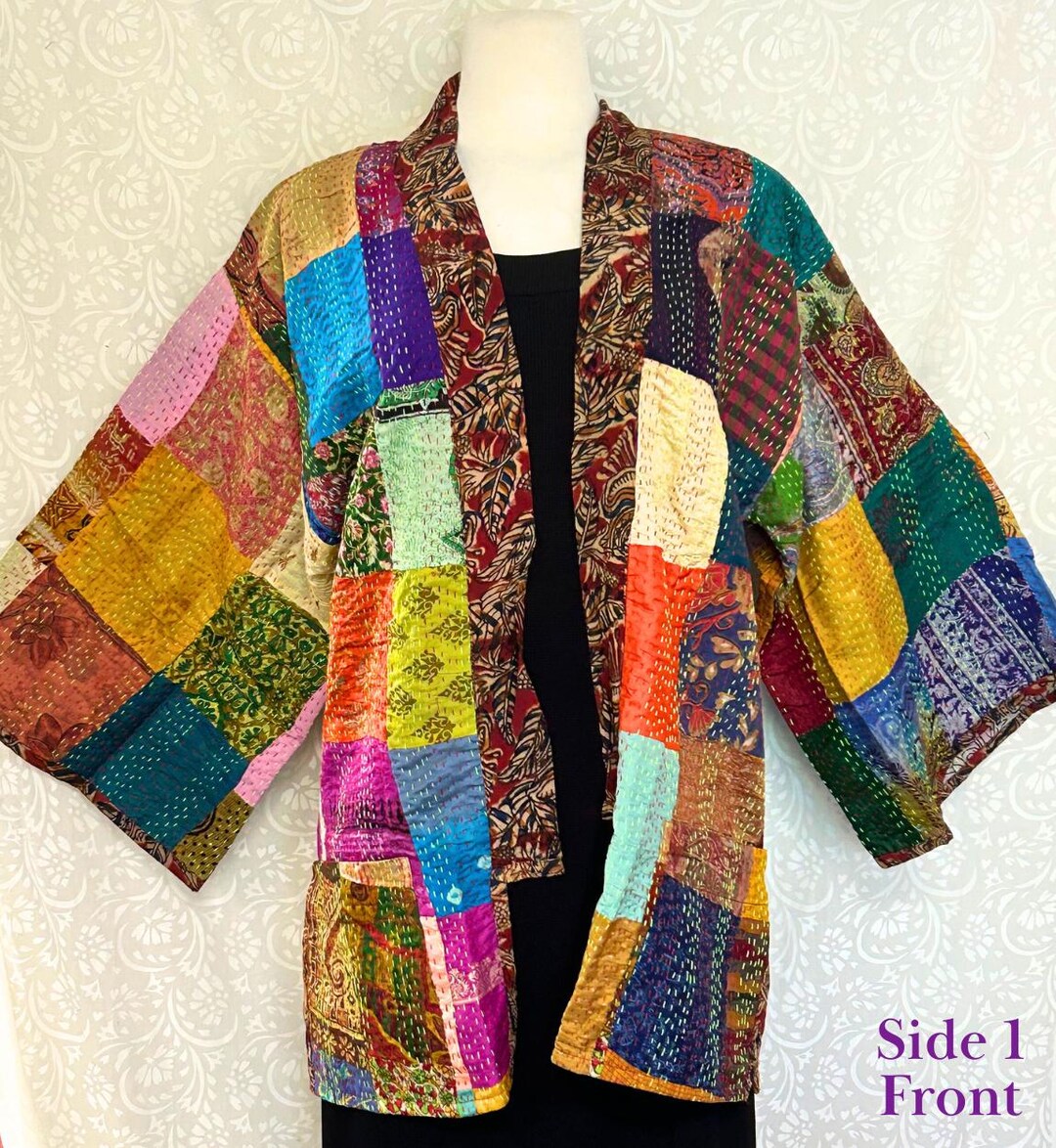 Indiano Patchwork Kantha Giacca, Morbida Seta Vestaglia Cotone Bagno Kimono Indiano Patchwork Kantha Giacca, Morbida Seta Vestaglia Cotone Bagno Kimono