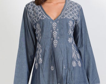 Divya Chambray Hand Embroidered Tunic