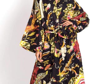 Black Rani Cotton Kimono Robes: Floral Print