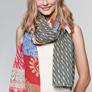 long patchwork scarf, colorful fun accessory, hippie boho style, features bright geometric patterns, casual every day scarf, made in india, made by artisans, soft cotton material, end strings, warm winter wrap, kantha fabric