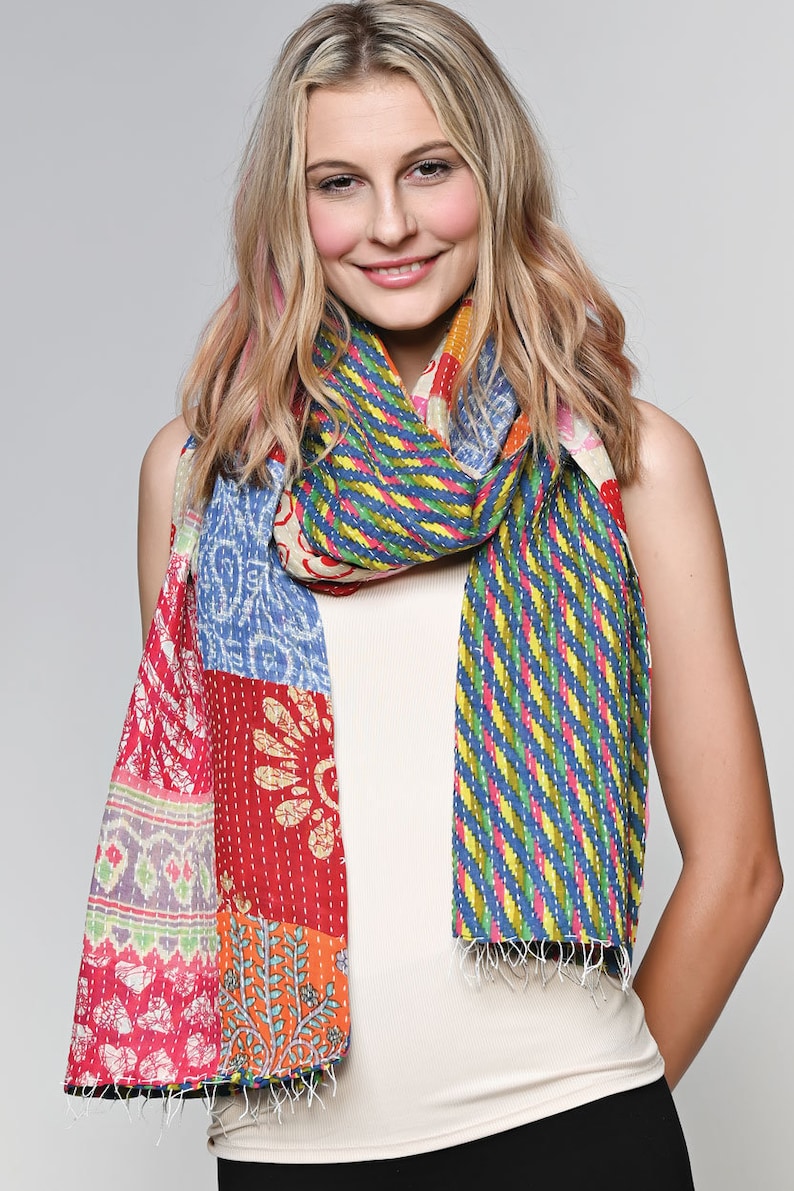 long patchwork scarf, colorful fun accessory, hippie boho style, features bright geometric patterns, casual every day scarf, made in india, made by artisans, soft cotton material, end strings, warm winter wrap, kantha fabric
