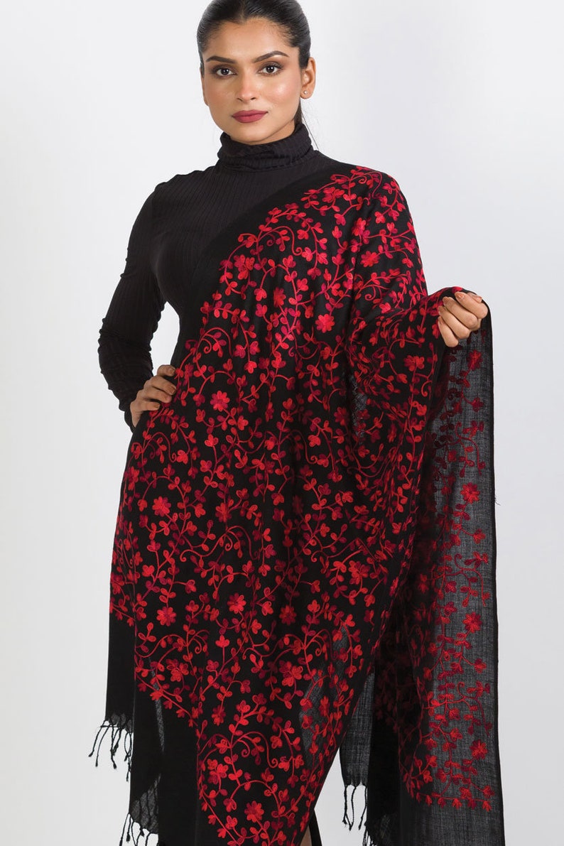Rani Black & Ruby Floral Embroidered Shawl image 3