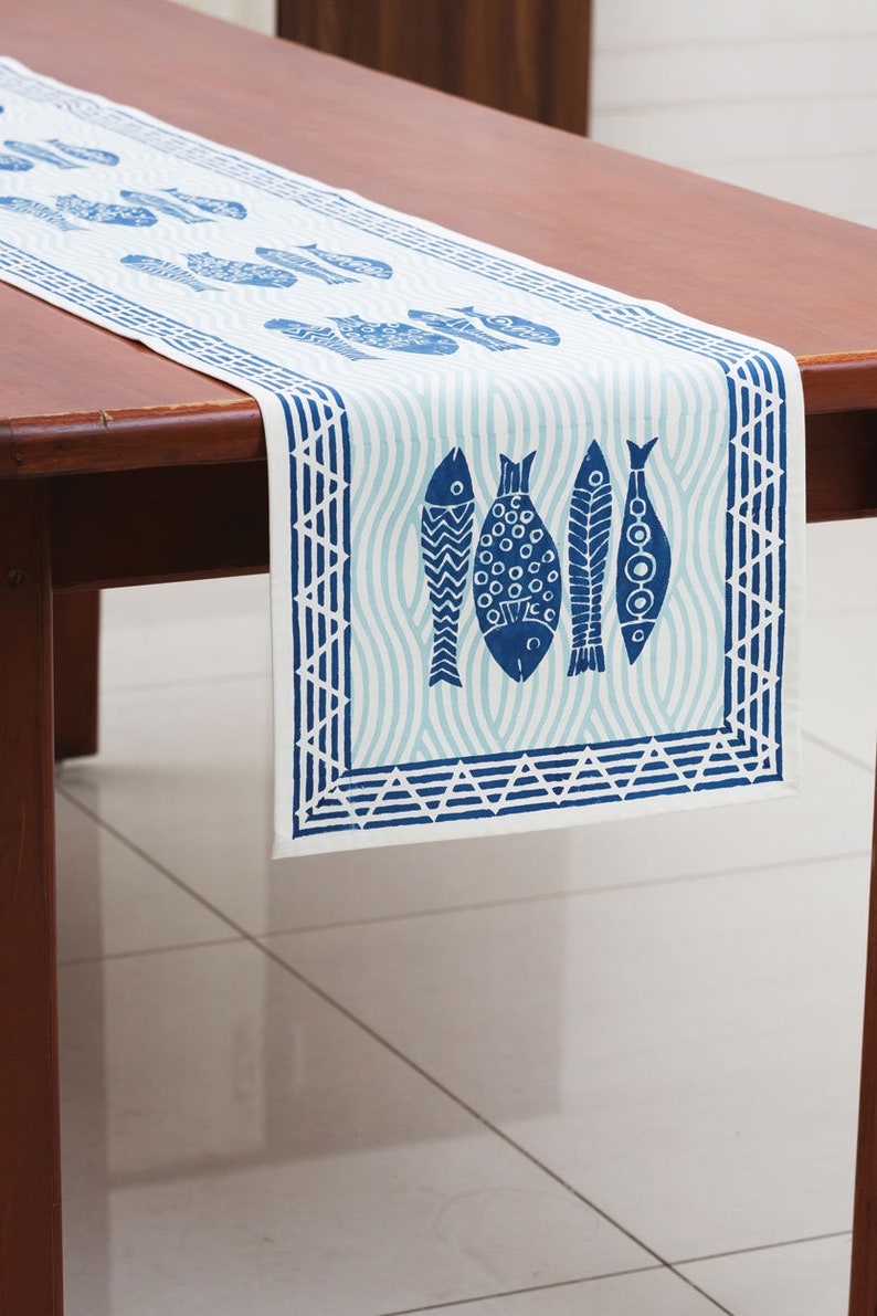 Navy Blue and White Fish Block Print Table Runner - Thumbnail 2
