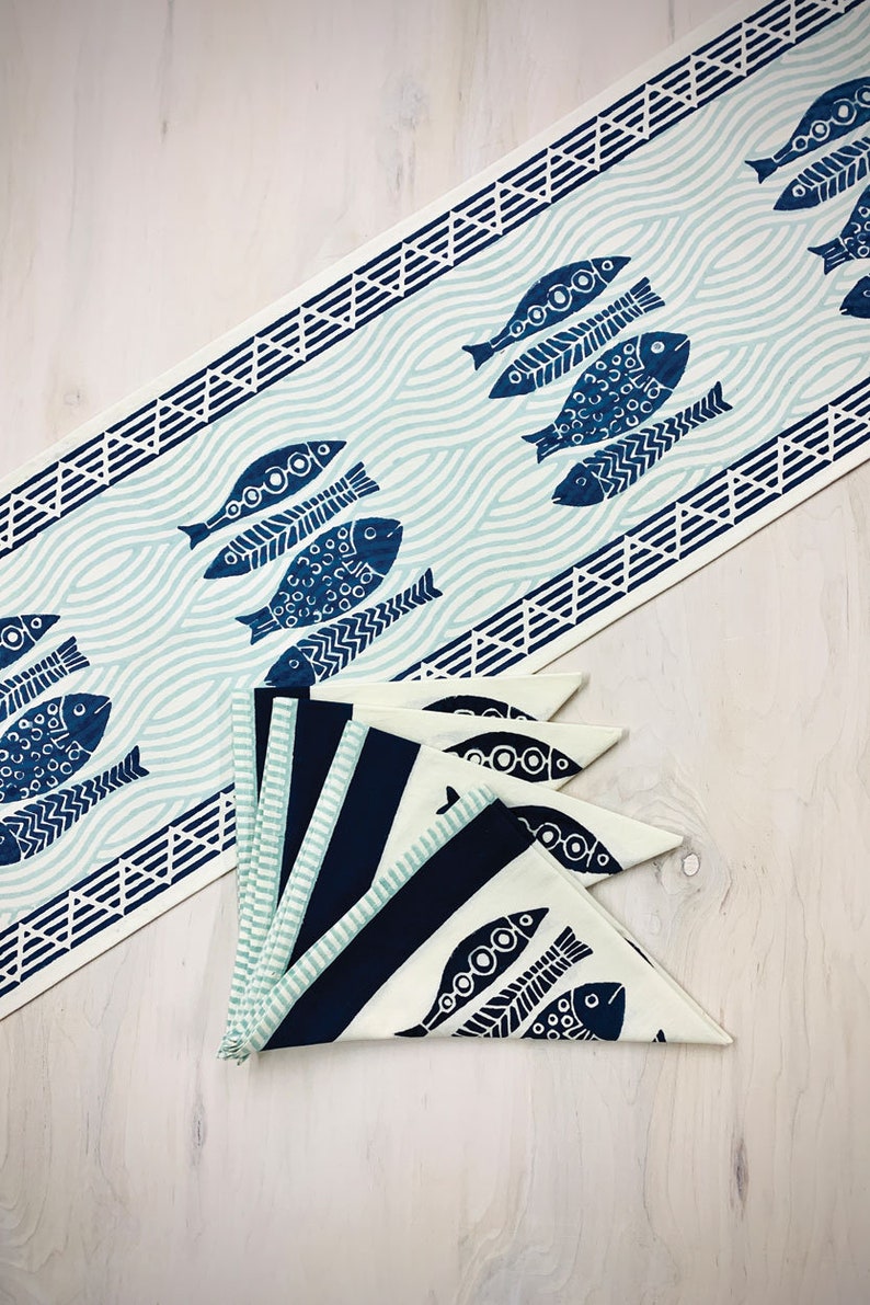 Navy Blue and White Fish Block Print Table Runner