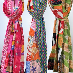 long patchwork scarf, colorful fun accessory, hippie boho style, features bright geometric patterns, casual every day scarf, made in india, made by artisans, soft cotton material, end strings, warm winter wrap, kantha fabric
