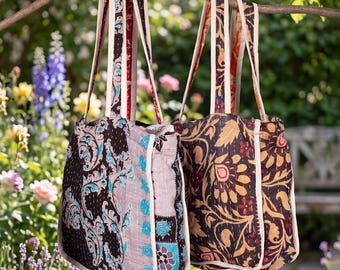 Black Kantha Market Bags: Assorted Prints