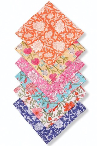 PurpleEssences Set Di 4 Tovaglioli In Cotone Con Bordo Smerlato - Stampa Kalamkari Verde Salvia E Rosa Cipria 45x45 Cm