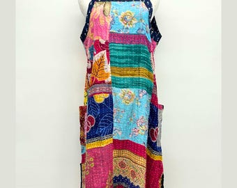 Reversible Patchwork Kantha Cotton Sundress with Ties