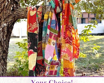 Long Patchwork Cotton Kantha Fringe Scarf: Your Choice