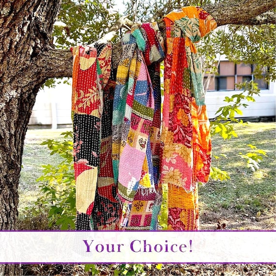Long Patchwork Cotton Kantha Fringe Scarf: Your Choice
