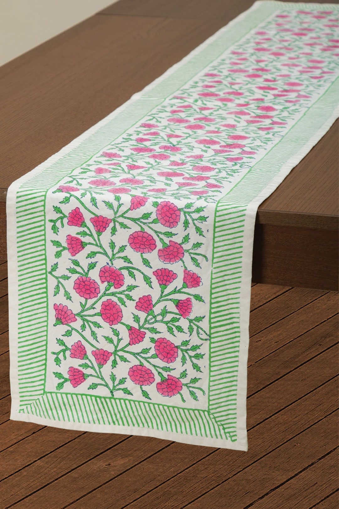 Pink & Green Floral Block Print Table Runner Etsy